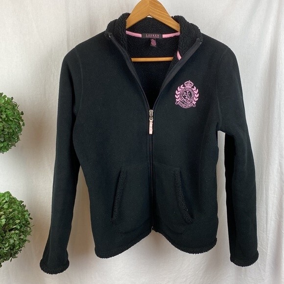Ralph Lauren Black & Pink Fleece Zip Up Long Sleeve Jacket M - Picture 1 of 5